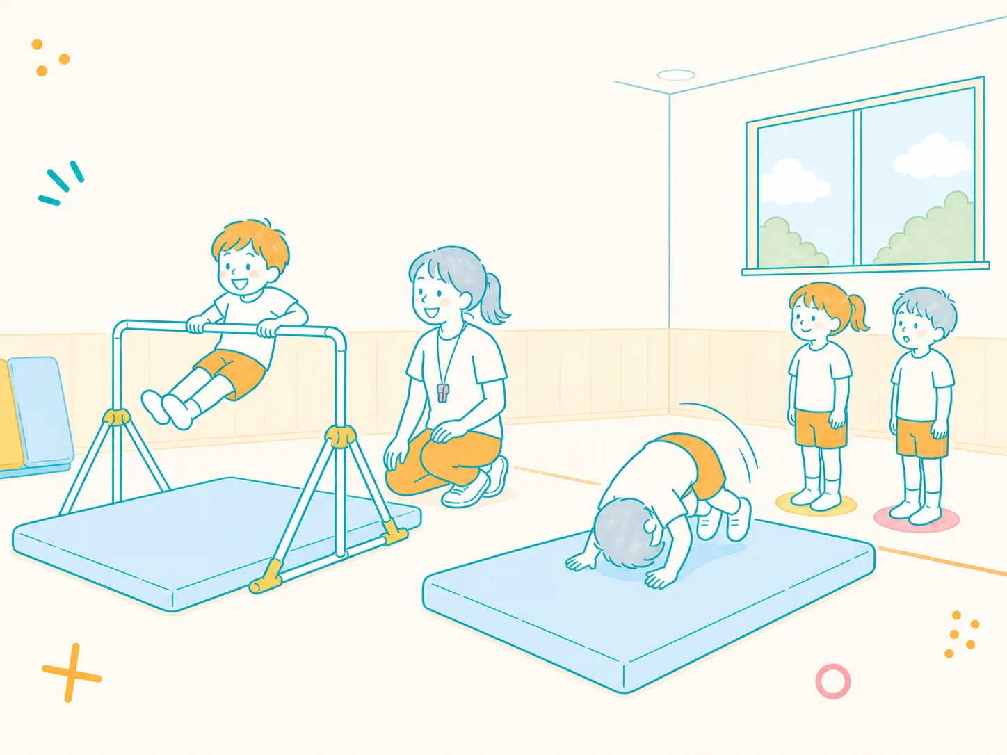 鉄棒とマットの2種目に分かれて練習する子どもたちのイラスト