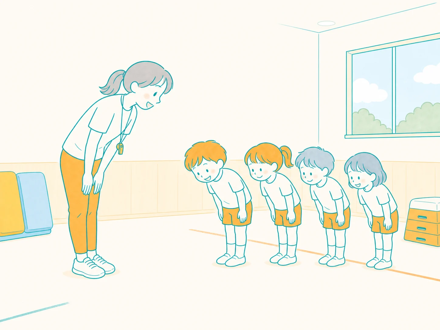 コーチと子どもたちが並んで始まりのあいさつをするイラスト