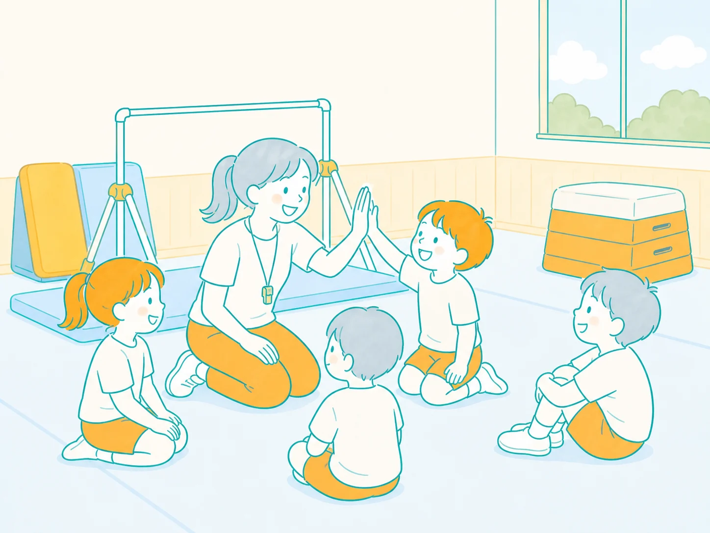 おわりの会でコーチからフィードバックを受けてハイタッチする子どものイラスト