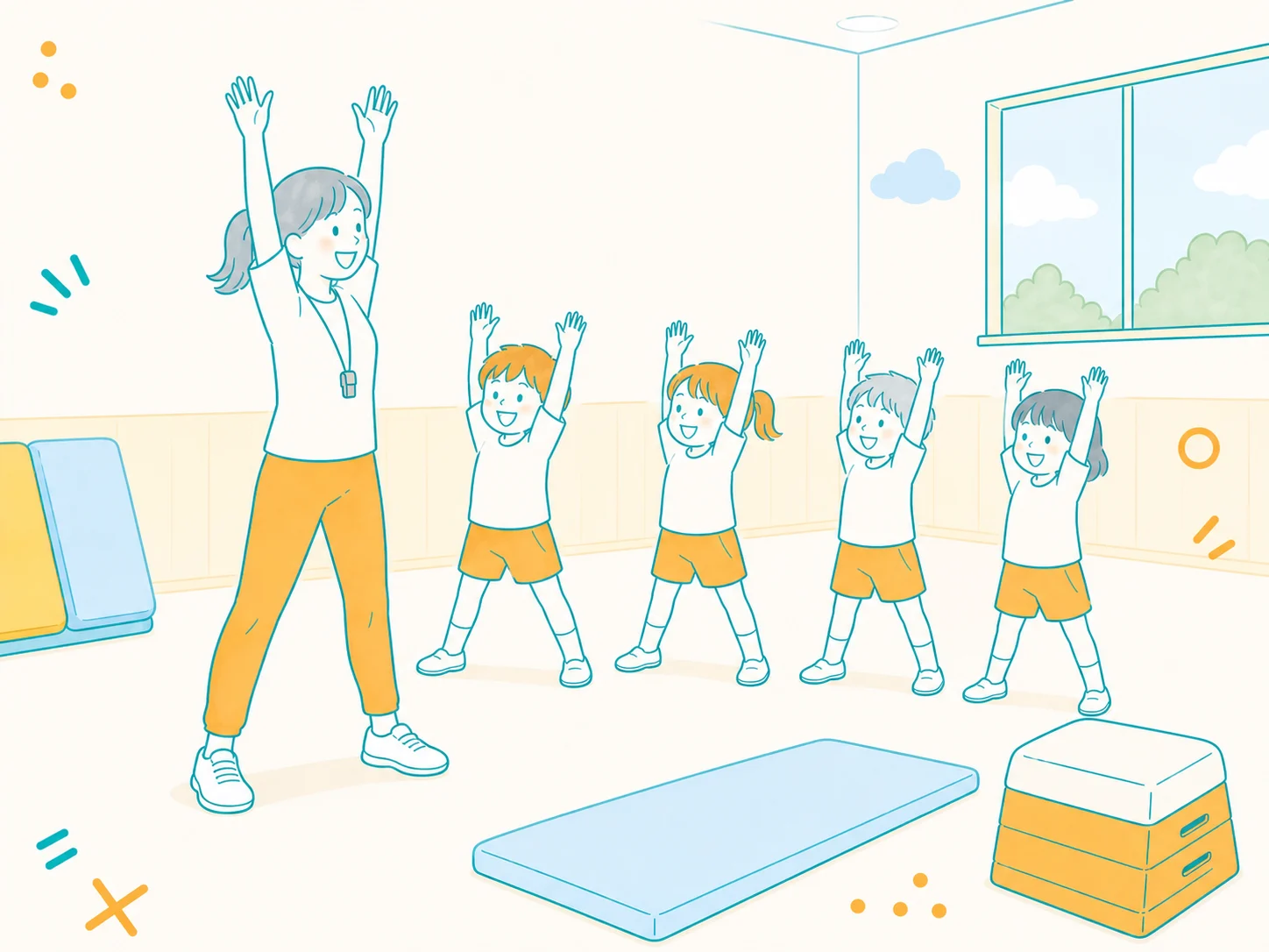 コーチの動きをまねて準備体操をする子どもたちのイラスト