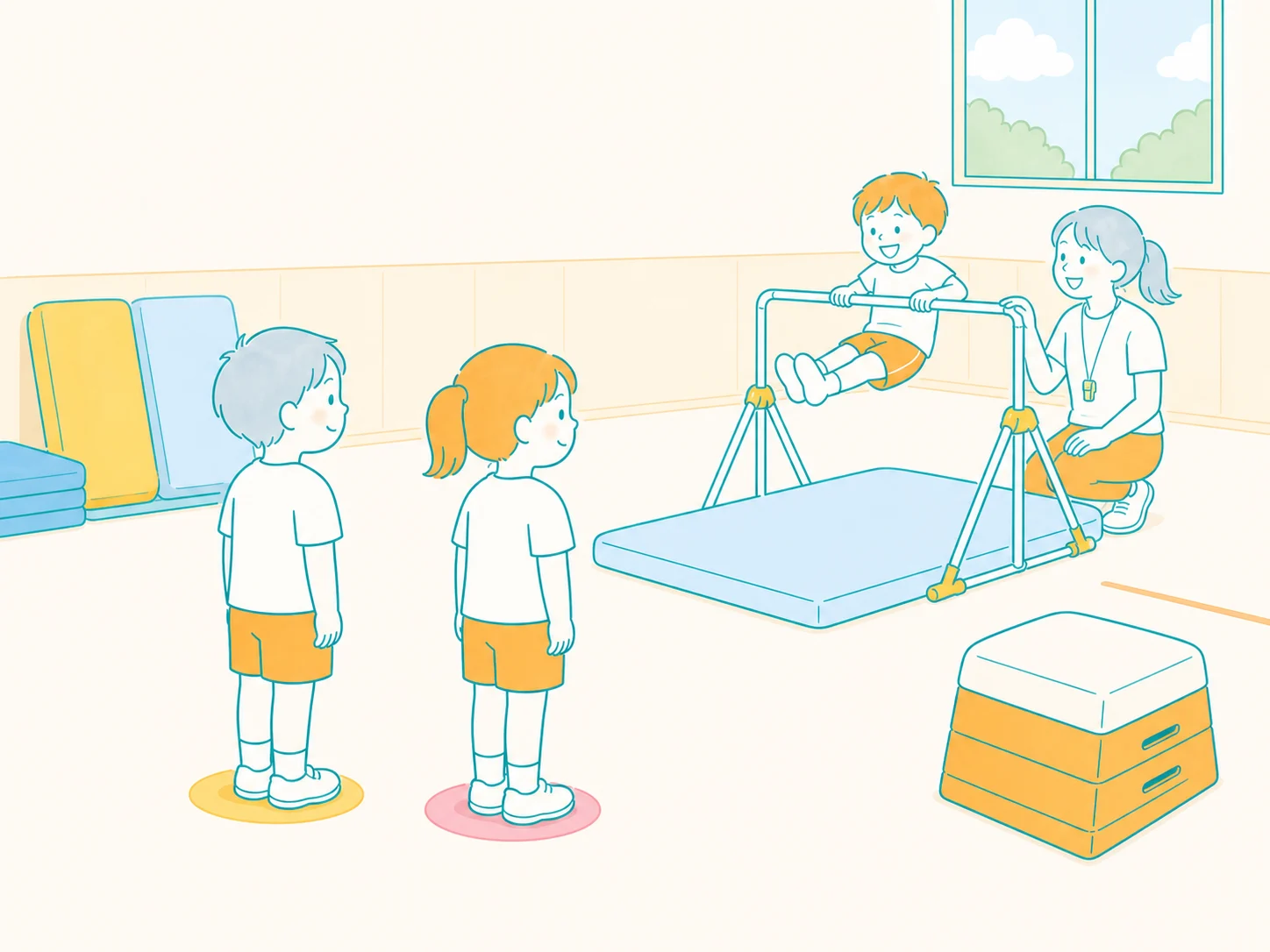 床の目印に立ち、友だちの練習を見ながら順番を待つ年長児のイラスト